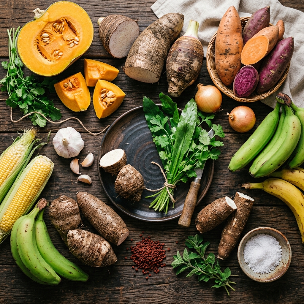 Ingredientes frescos y viandas locales para el sancocho criollo